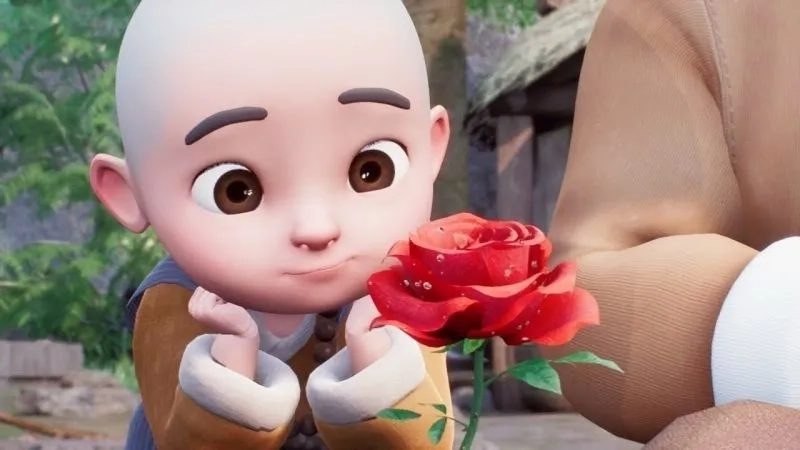 Hình chú tiểu lạy phật với vẻ trang nghiêm tạo cảm giác yên bình