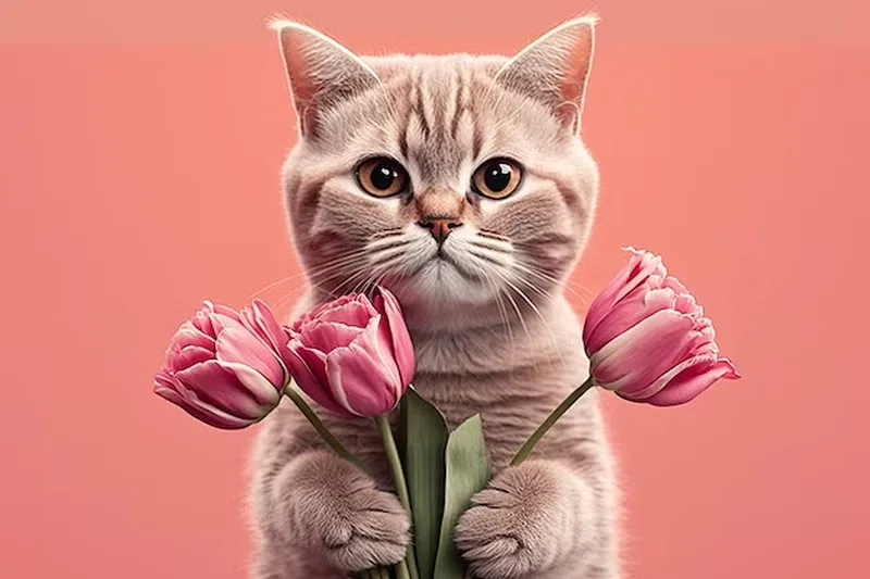 Chú mèo đáng yêu này tặng hoa hồng, một món quà ngọt ngào cho bạn trong dịp đặc biệt.