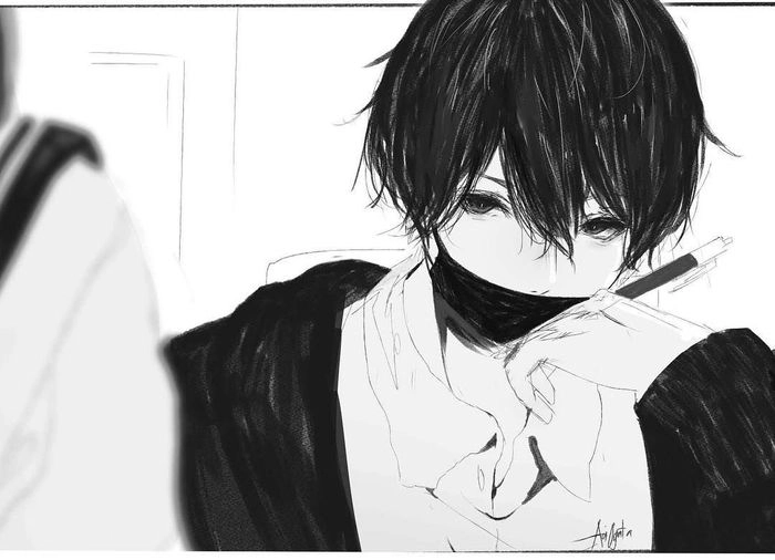 Hình anime nam trắng đen với ánh nhìn sắc lạnh đầy bí ẩn
